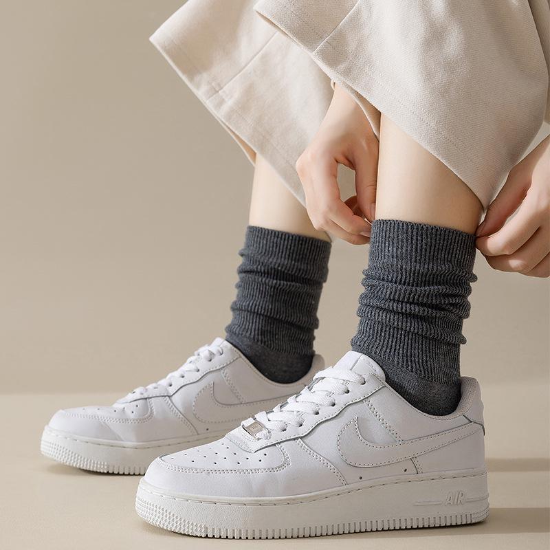 Women's Retro Mid-Calf Wool Socks - Japanese Style, Solid Color, Loose Fit