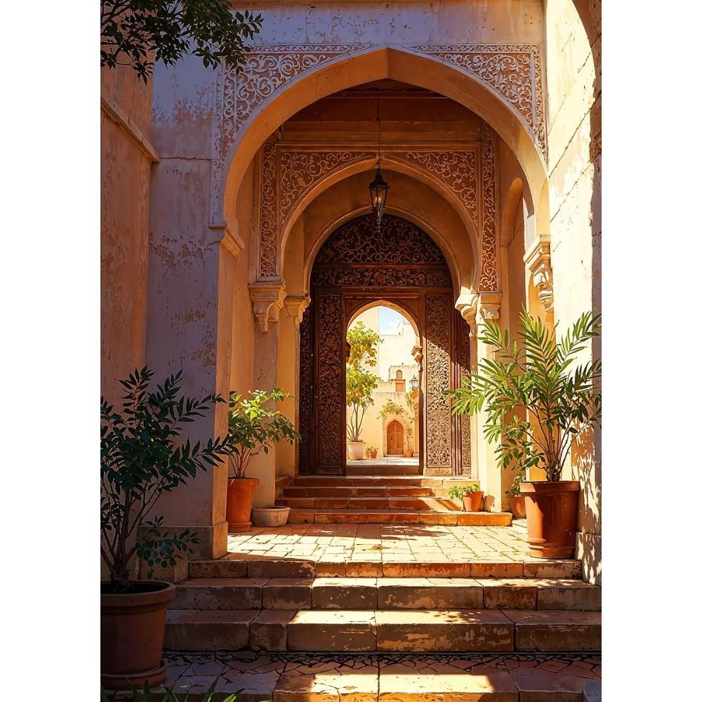 Vintage Vasen und Pflanzen Marokkanischer Innenhof Mediterranes Dorf Poster Leinwandbild Druck Wandkunst Bild Zimmer Heimdekoration