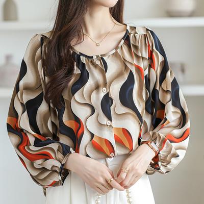 Retro Long Sleeve Printed Casual Chiffon Shirts Women Spring Fashion Elegant Loose Women's Blouses Single Breasted Simple Round Neck Lady Shirt 26330