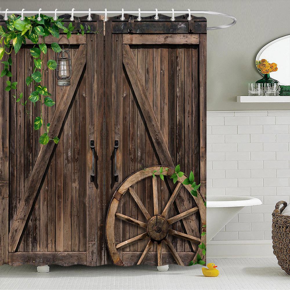 Retro Dřevěné Dveře Sprchový Závěs Sada Rustikální Starý Vintage Stodolové Dveře Látkové Koupelnové Závěsy Statek Koupelnová Dekorace Sprchové Zástěny Háček