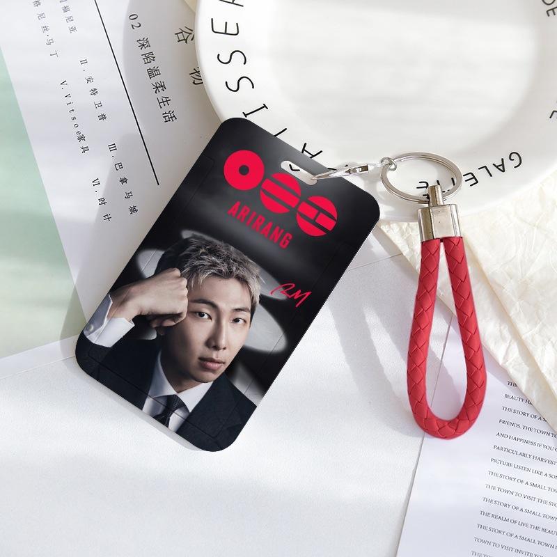 BTS Sliding Photocard Holder, Protective ID Badge Card Case with Braided Keychain Strap, Student Campus Bus Meal Card Protector Merch for ARMY