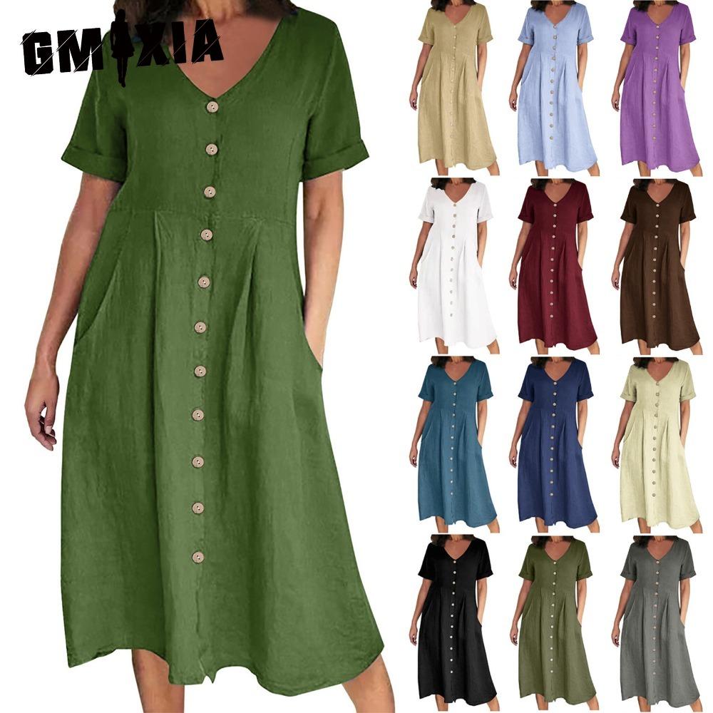 GMXIA Dame Sommer Casual Bomull V-hals Kort Erm Knappekjole