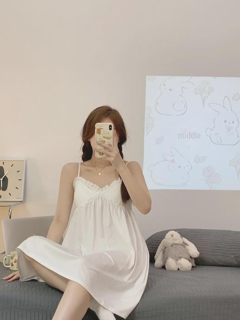 White Summer Nightdress with Chest Pad – Sweet, Pure Desire Style Imitation Cotton Pajamas for Women