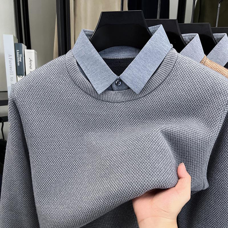

Men s Autumn/Winter Fleece-Lined Two-Piece Look Sweater with Business Shirt Collar XL