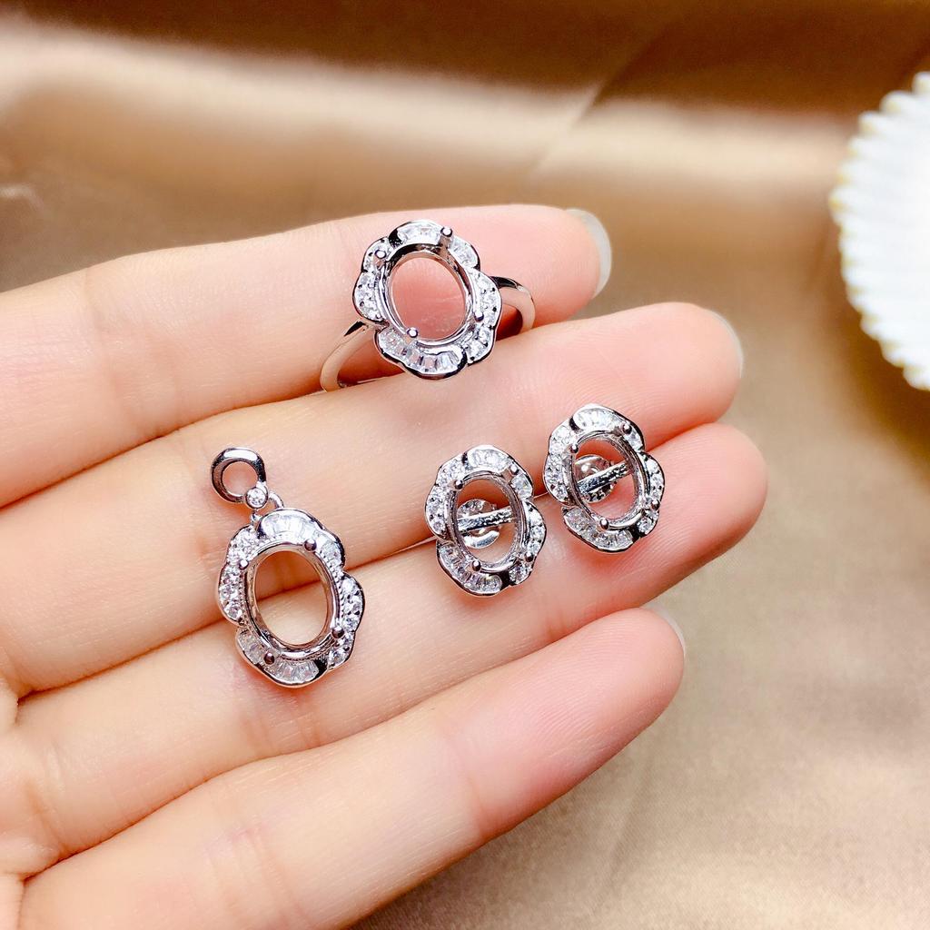 925 Silver Stud Earrings & Ring+Pendant Set: 18K White & Rose Gold Plated. Available in 6x8, 7x9, and 8x12 sizes for Women.