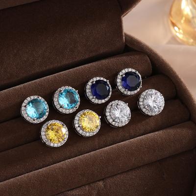 ZAKOL Classic Simple Round Zircon Stud Earrings for Women Men Shiny Blue Yellow AAA CZ Earring Exquisite Zircon Gift Wholesale