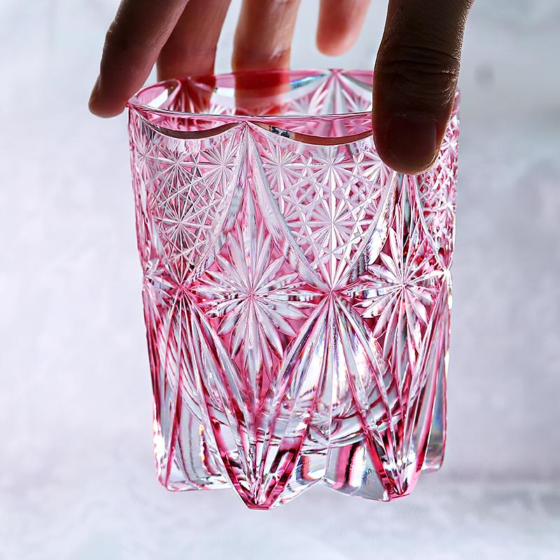 Pink Whiskey Glass 240ml, Hand Carved Chrysanthemum Star Pattern Edo Kiriko, Japanese Crystal Tumbler Gift for Her 201-300ml розовый
