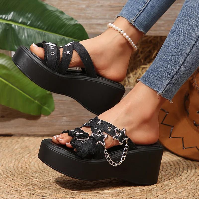 Star Metal Chain Decor Wedges Sandals for Women Punk Cross Band Chunky Platform Slippers Summer Comfort Thick Sole Non Slippers
