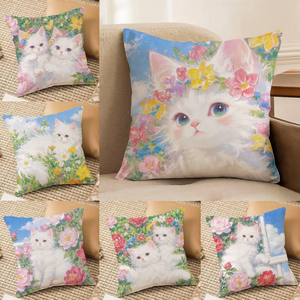 Painting Style KittenS Pillow Case Anti-dustmite Pillowcase Invisible Zipper Silky Sofa Cushion Cover