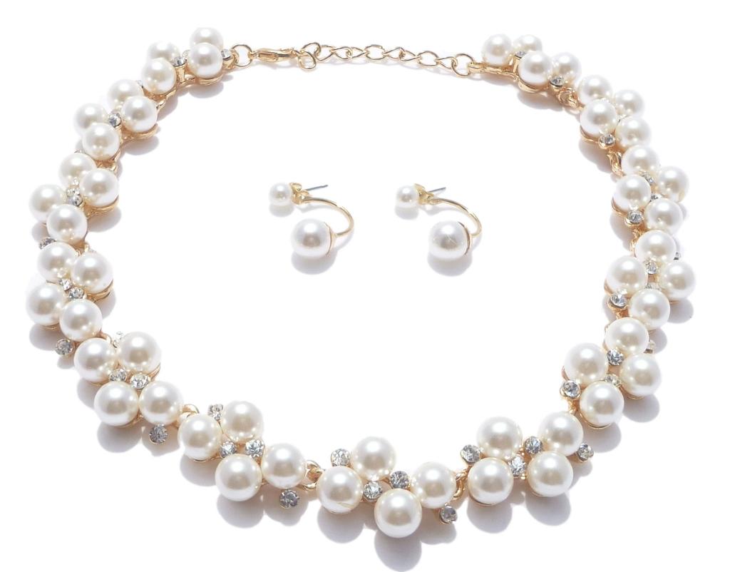 Beaded Necklace and for and Everyday Use and [N-Style] Earrings, Pearl, Rhinestone, Weddings, Parties, (Necklace Earrings)