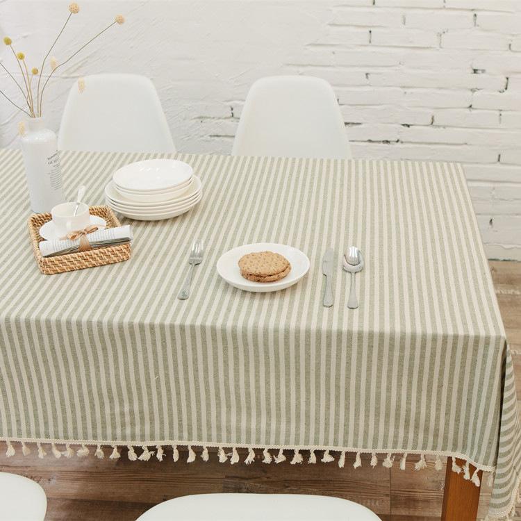 Japanese-Style Polyester-Cotton Simple Striped Plain Fringed Lace Yarn-Dyed Rectangular Tablecloth Coffee Table Dining Table Cloth
