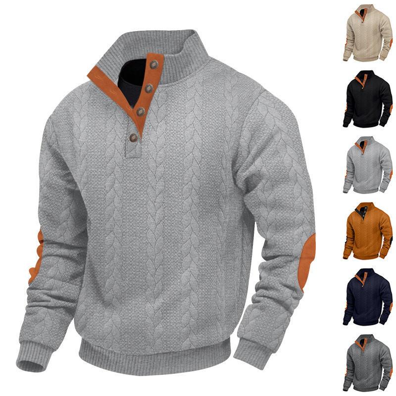Jacquard Men's Button-Down Stand Collar Patchwork Henley Long-Sleeved Casual Sweatshirt