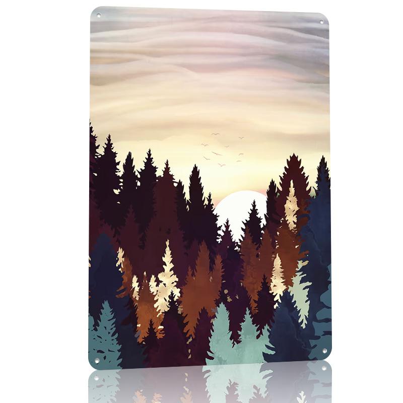 Autumn Forest Sunset D Texture Metal Poster Customized Wall Art Tin Sign Gift for Mancave Office Decor Room Vintage Decoration