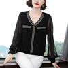 Women's Black Chiffon Spliced Knitted V-Neck Pullover: Loose-Fitting, Long-Sleeved Spring Commuter Top.