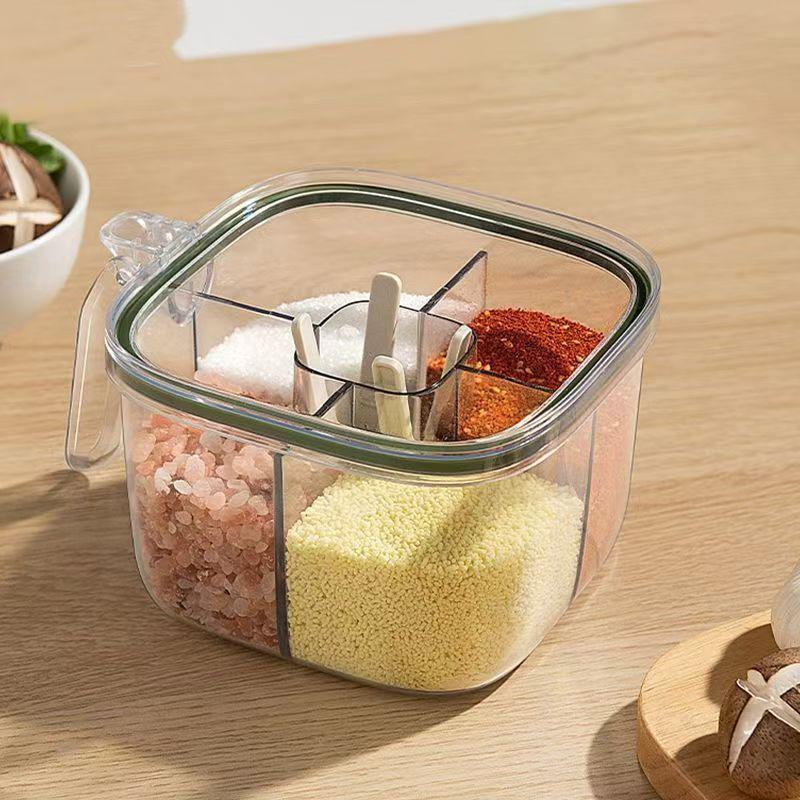 4 Grids Salt Pepper Seasoning Box Transparent Lid Spice Jar Chili Powder Sugar Bowl Condiments Storage Container Kitchen Gadgets