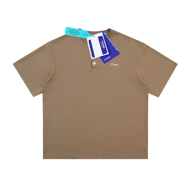 Wassup Summer New Heavy-Weight College Style Polo Shirt Japanese Retro Loose Half-Sleeve Henley Collar Unisex T-Shirt