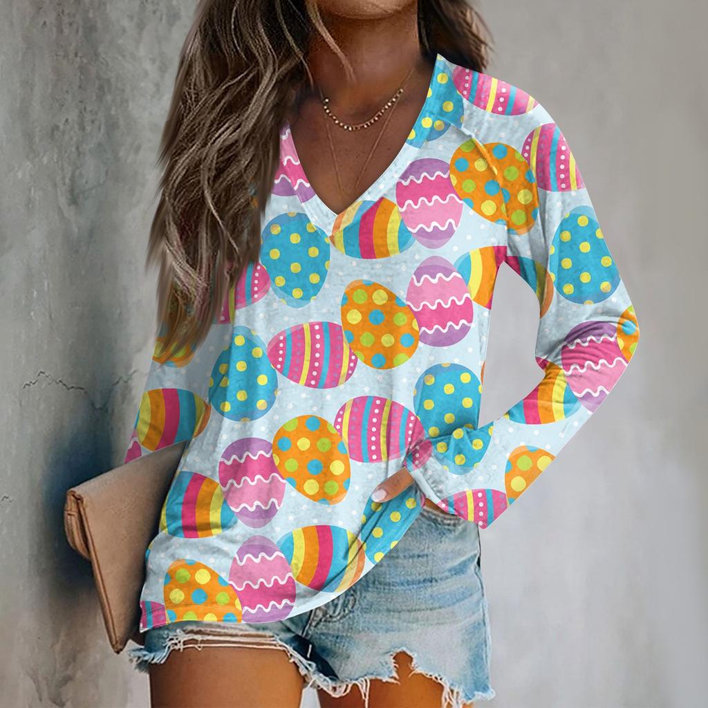 Women's Long Sleeve Plunger Sleeve Easter Print Casual Top T-Shirt