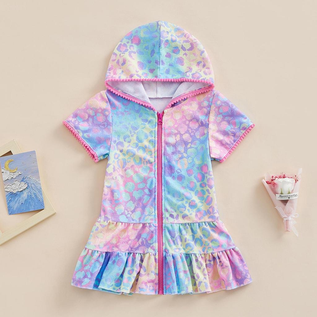 Dívčí batolecí letní plavky 2R 3R 4R 5R 6R 7R 8R 9R 10R Přikrývka Krátký rukáv Plážové oblečení s leopardím potiskem na zip