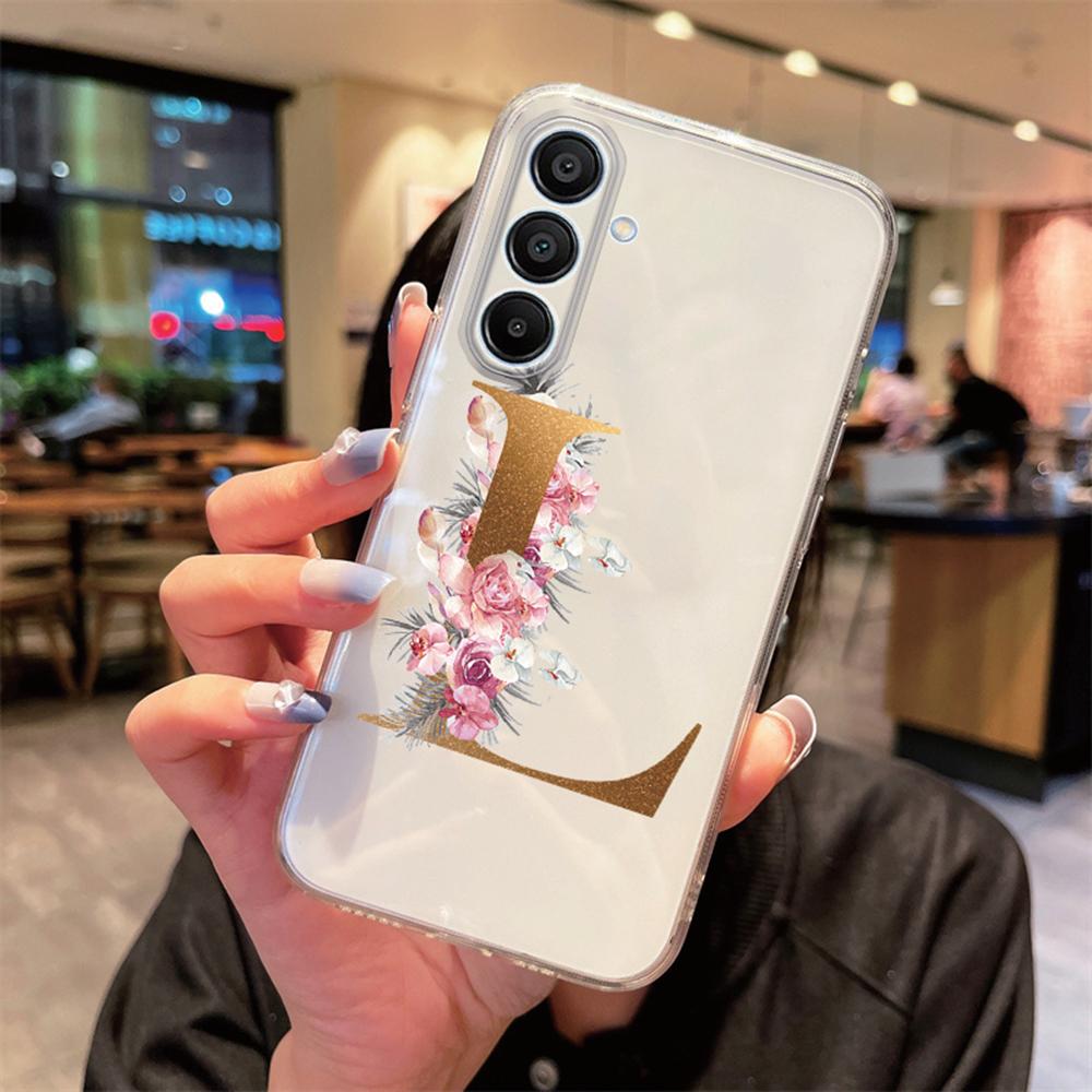Transparent Phone Case Flowers Golden Rose Letters For Samsung Galaxy A55 A15 A25 A35 A07 A17 A06 A37 A57 Silicone Clear Cover
