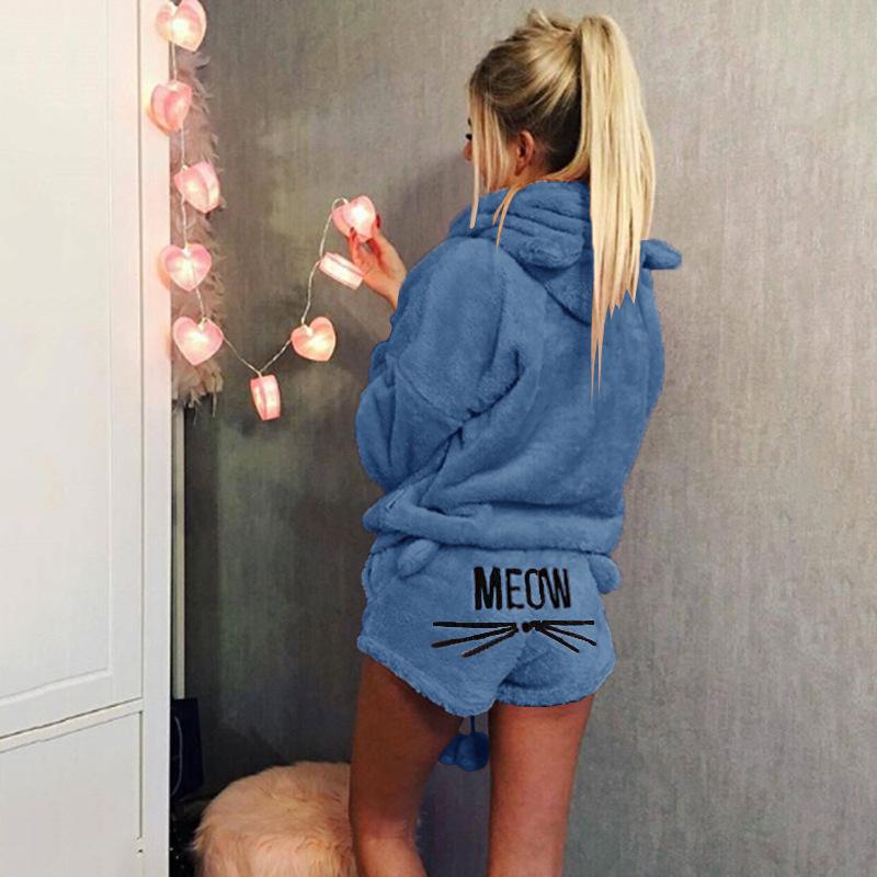Dámská móda Jednobarevná teplá zimní pyžamová souprava Dvoudílné roztomilé kočičí pyžamo s kapucí Noční oblečení plus size S-5XL