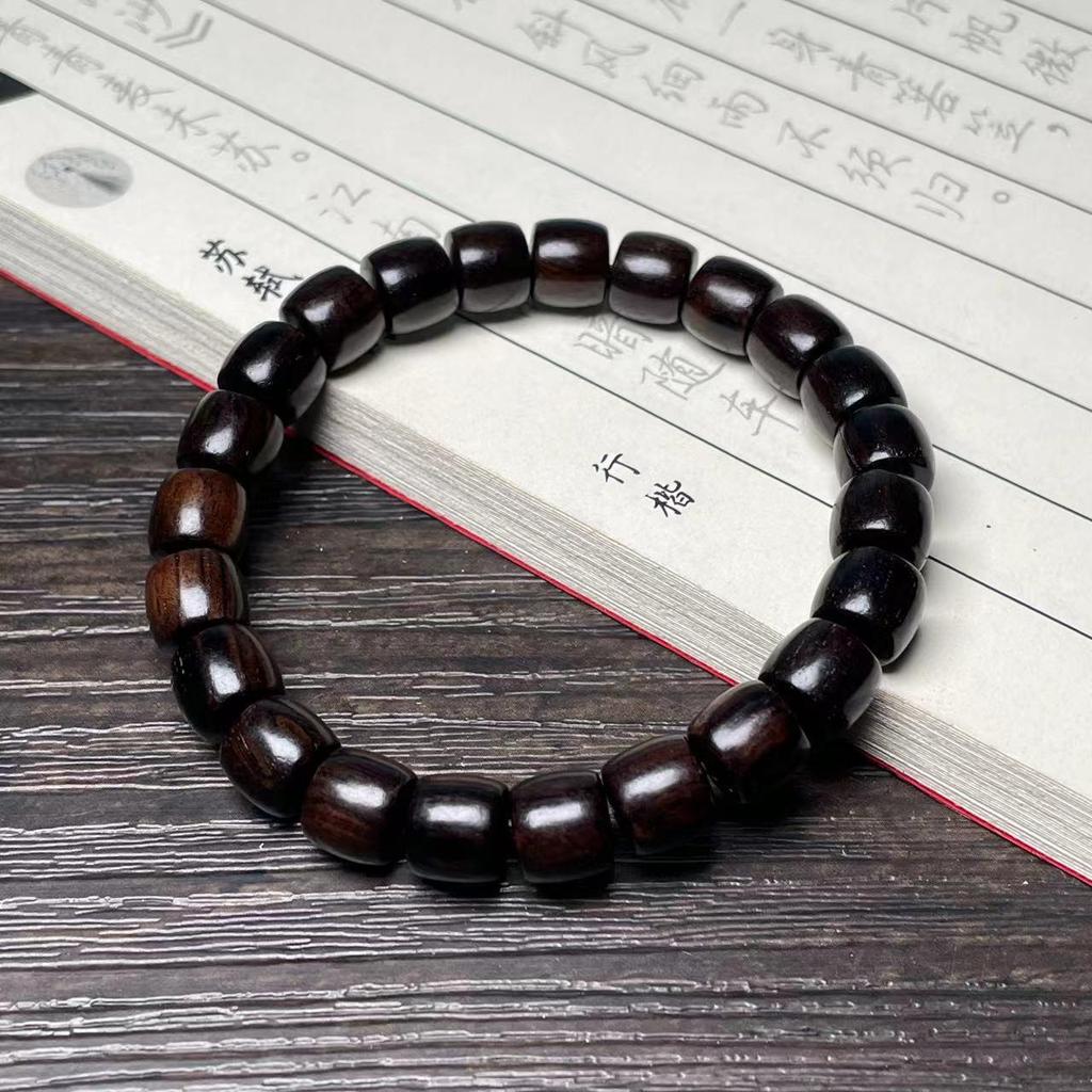 Ethnic Green Sandalwood Straight-Cut Barrel Bead Bracelet, Handmade Unisex Cultural Play Single Loop