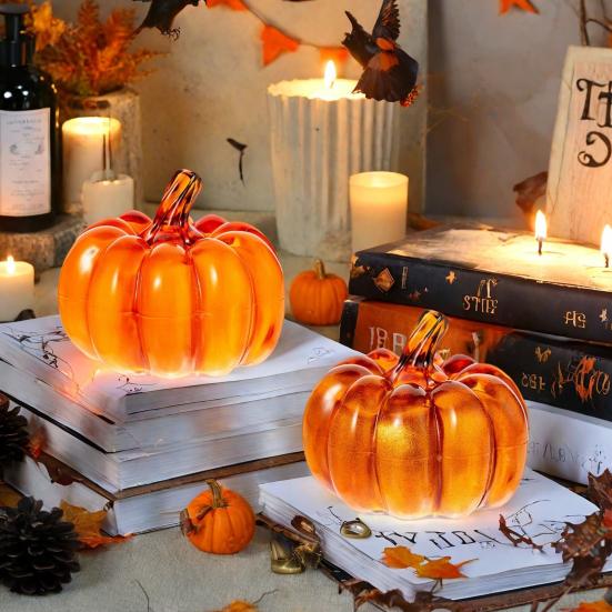 2Pcs LED Glass Pumpkin Set Starry Night Design Halloween Thanksgiving Decor Lighted Lantern Indoor Fall Decoration