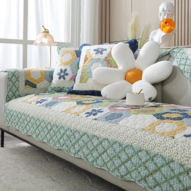 Fresh Countryside Style Couch Mat Cotton Four Seasons Anti Slip Dustproof Cushion Quilted Full Coverage Sofa Cover Cloth Towel