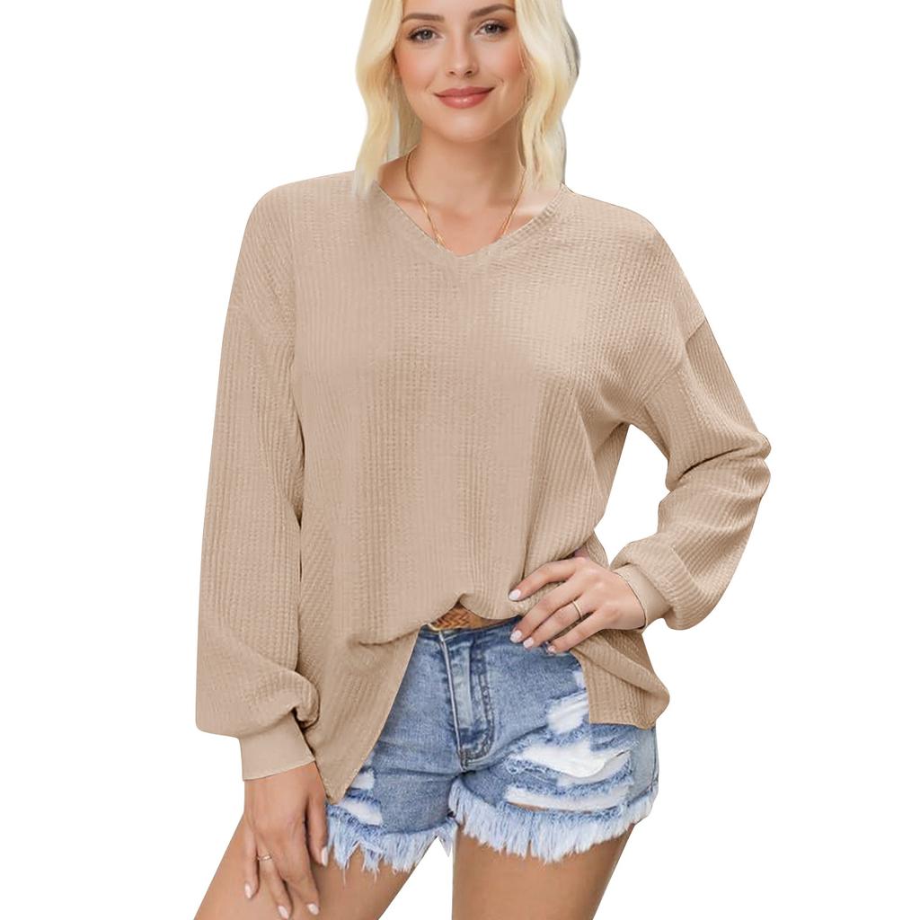 Women's Knit Top, Fashionable Long Sleeve Casual Shirt, V-neck Loose T-shirt