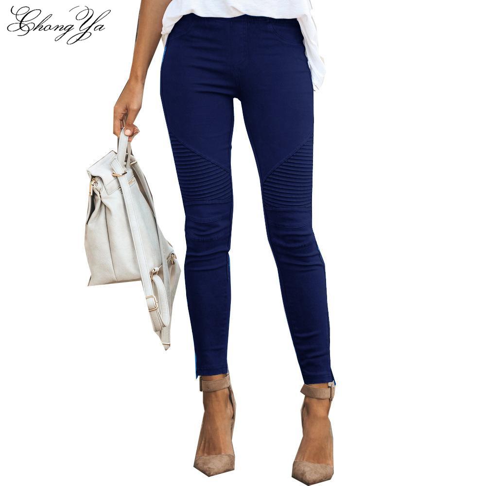 Damen Jeans Mode Rüschen Elastisch Einfarbig Stretch Skinny Bleistifthose Freizeithose