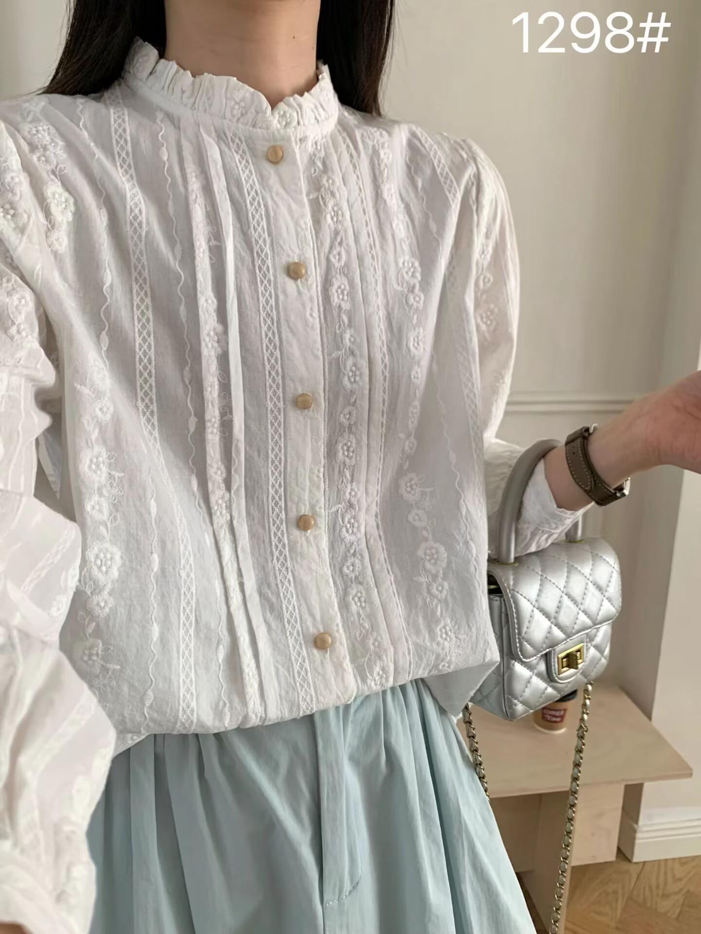 Spring Artistic Embroidered Striped Stand Collar Slimming Long Sleeve Women s Shirt M (80-110 cm) белый