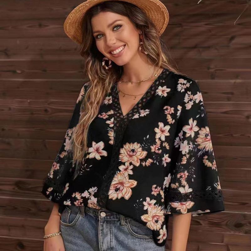 Women's Summer New Loose Type V-neck Temperament Commuter Flare Sleeve Lace Blouse Chiffon Shirt