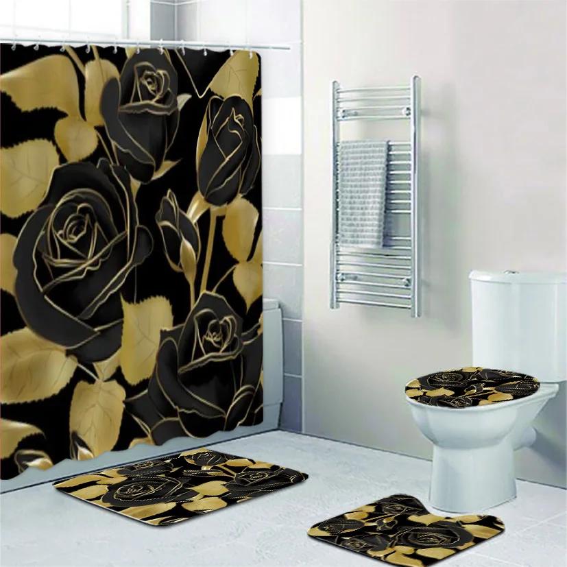 

Черно-золотой тропический растительный пальмовый лист набор занавесок для душа для ванной для ванны экзотические листья коврики коврики туалет домашний декор W60H190(CM)-1 Pcs