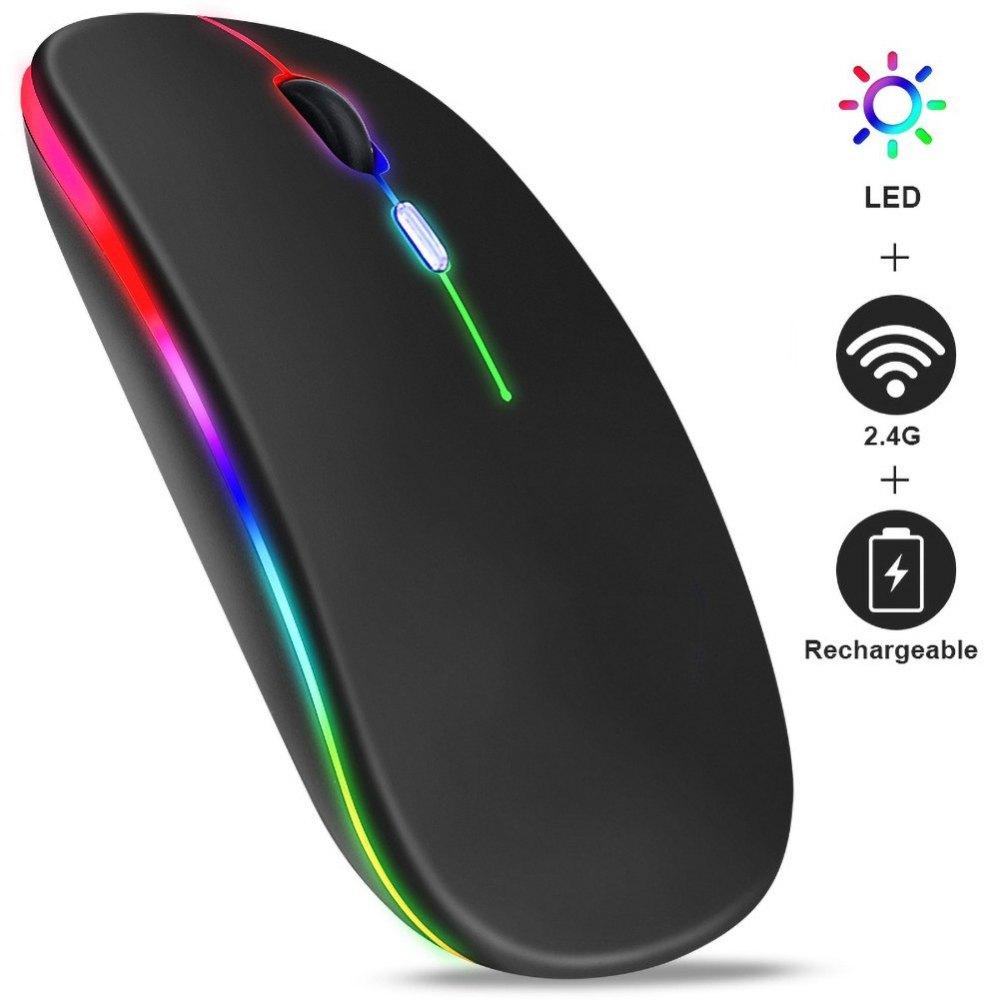 2.4G & Bluetooth 5.0 LED Wireless Mouse, Super-Slim Rechargeable Wireless Silent Mouse, with USB Receiver and Charging Cable