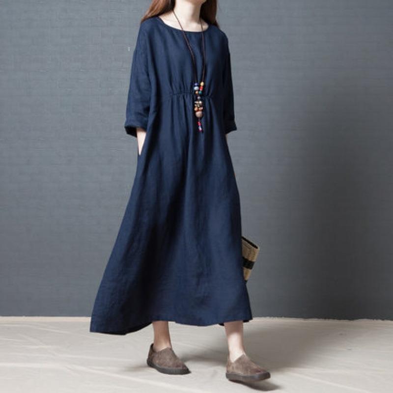 

Loose Plus Size Women s Linen Solid Color Dress 3XL Темно-синій
