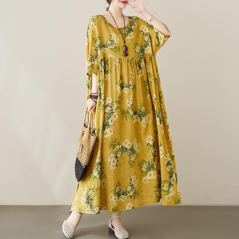 Plus Size Floral Bohemian Cotton Linen Round Neck Travel Dress Loose Large Size Vintage Holiday Long Dresses