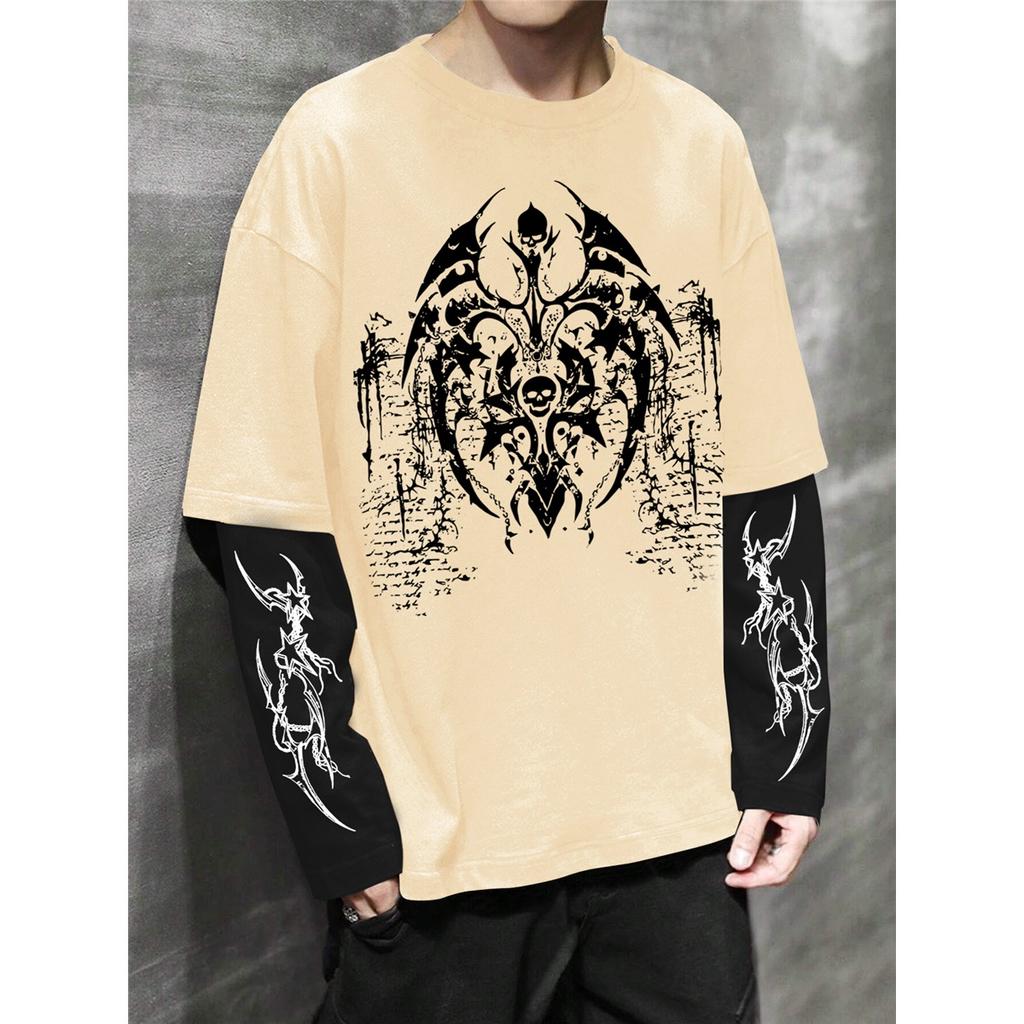 Men'S High Street Hip-Hop Dark Style Double Sleeve Print T-Shirt, a Fashionable New Arrival for Spring