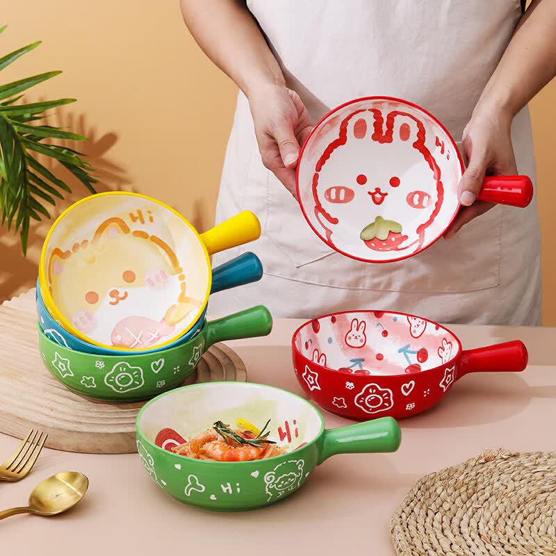 Cartoon Ceramic Baking and Salad Bowl with Handle
