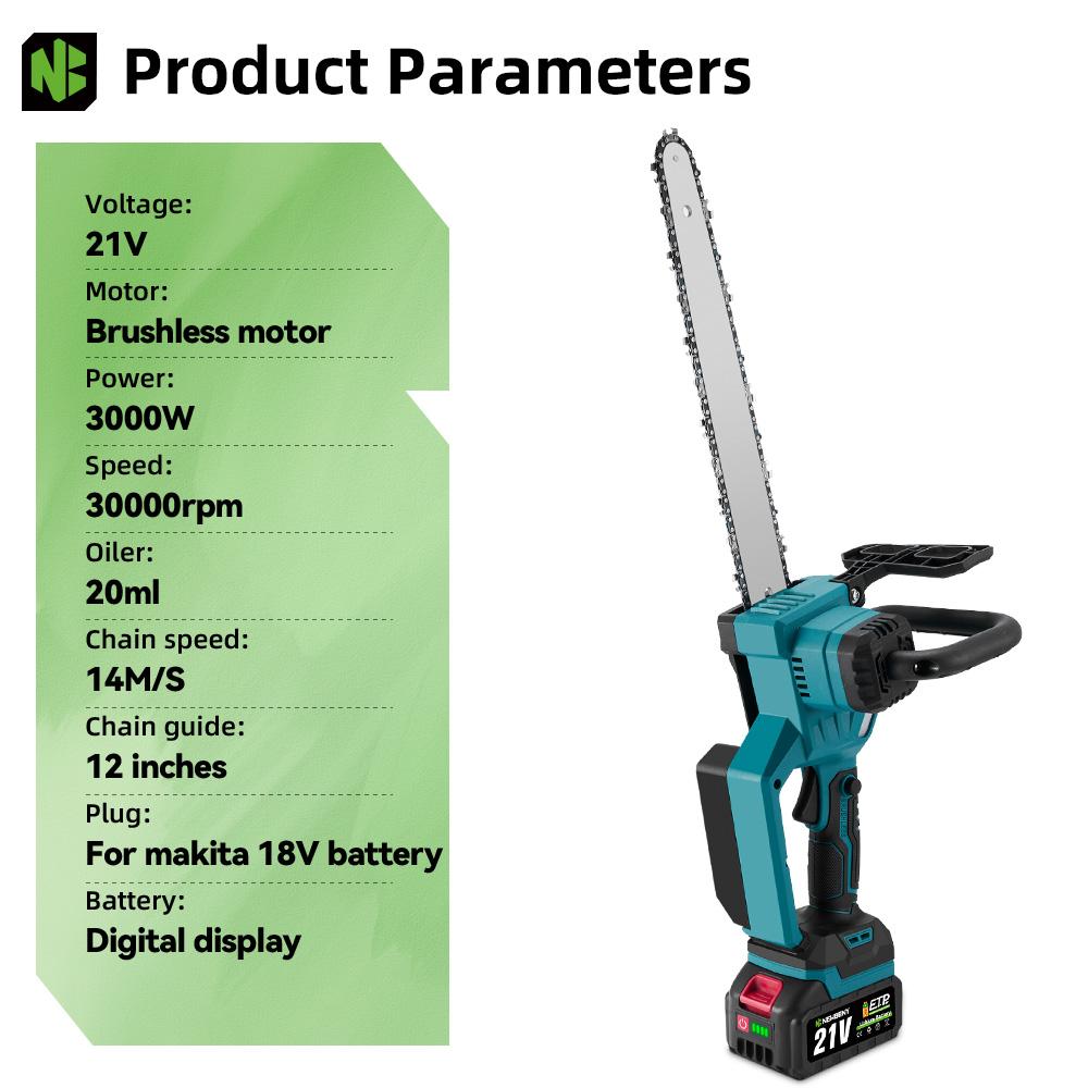Newbeny Motosega elettrica senza spazzole da 12 pollici con display a LED, sega da giardino per il taglio del legno senza fili, per batteria Makita da 18 V