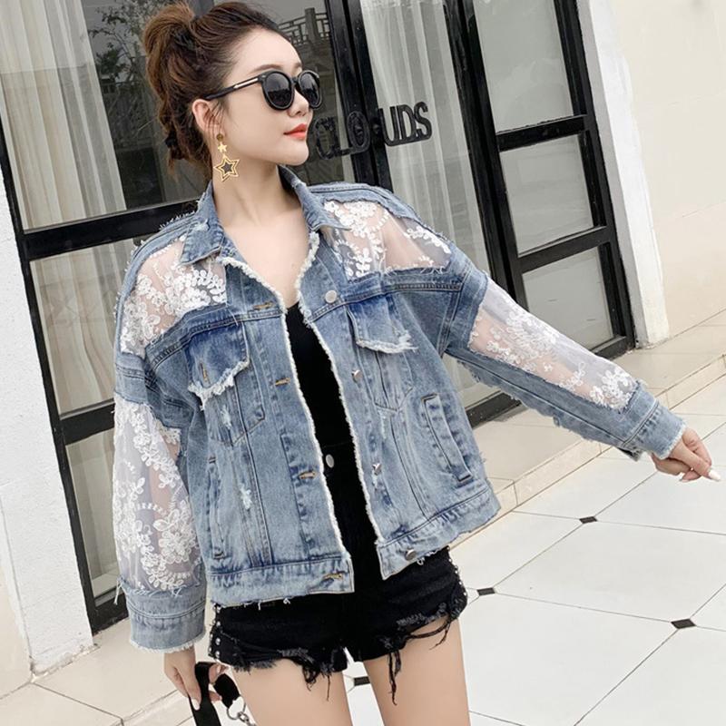 Jeansjacken Sommer Frühling Herbst Langarm Übergröße Damenmantel Locker Spitze Patchwork Top Jacke Damen Jeansmantel M black