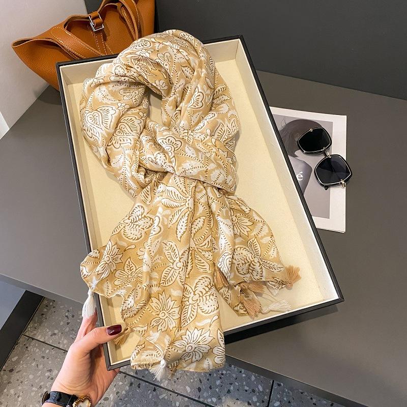 Spain Luxury Fashion Floral Dot Tassel Viscose Shawl Scarf High Quality Wrap Thin Pashmina Stole Bufandas Muslim Hijab 180*90Cm