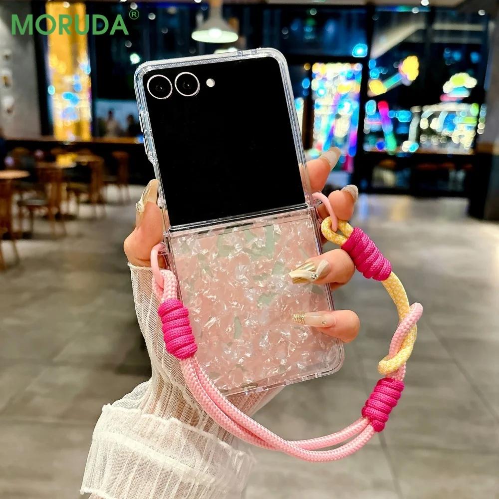 Gradient Water Ripple Colorful Lanyard Phone Case for Samsung Galaxy Z Flip 7 6 5 4 3 Slim Hard Shell Wrist Strap Protect Cover