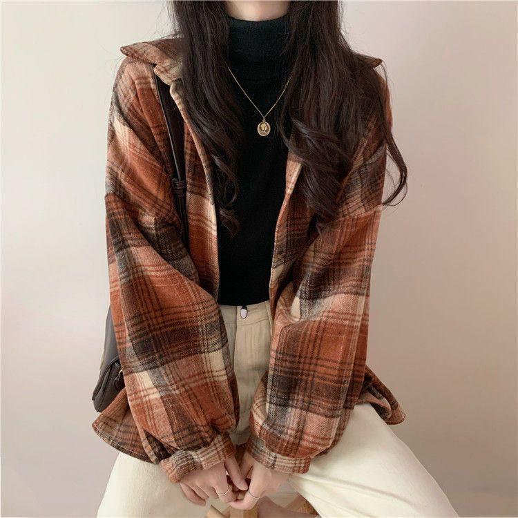 Damen Verdicktes Gebürstetes Karoshirt: Lockere Passform im koreanischen Stil, figurschmeichelnde Langarmbluse für Herbst und Frühling.