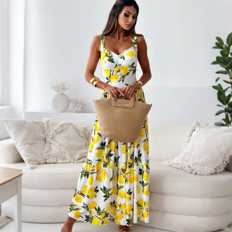 Women Summer Bohemian Style Holiday Strap Flower Printed  One Piece Dress