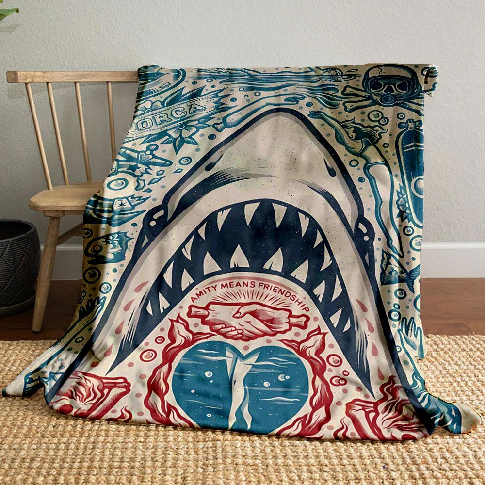 A Shark with Open Jaws Surrounded by Ocean-themed Illustrations and Symbols. for All Seasons Blanket Lunch Break Throw Gift