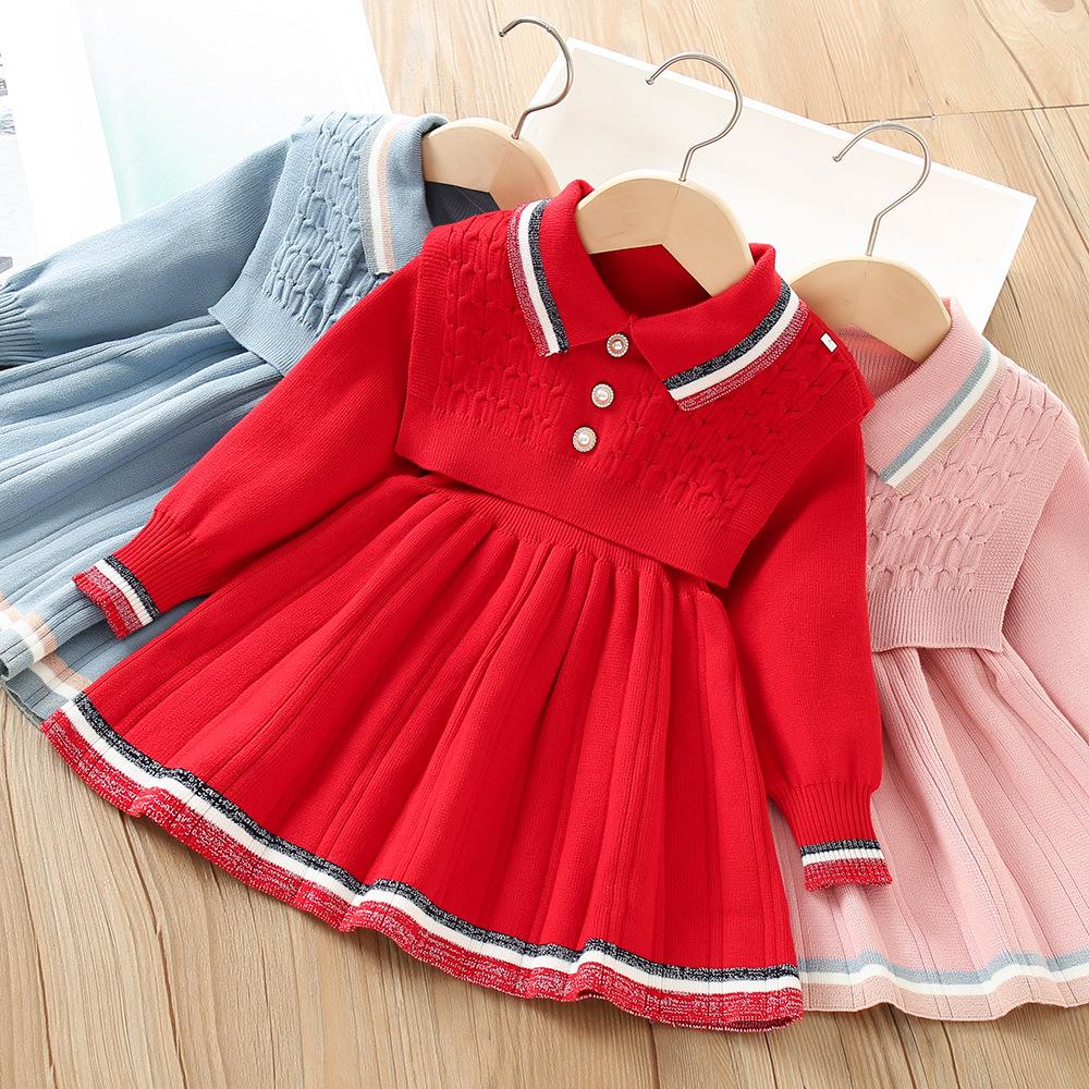 Autumn Winter Girls Sweater Long Sleeve Dress Vest Stripe Party Girl Baby Knitted Wool Dress Casual Vestidos