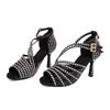 Women Latin Dance Shoes Shining Rhinestone Dancing Shoes Flare Heel 9cm Narrow Foot Adjust Width