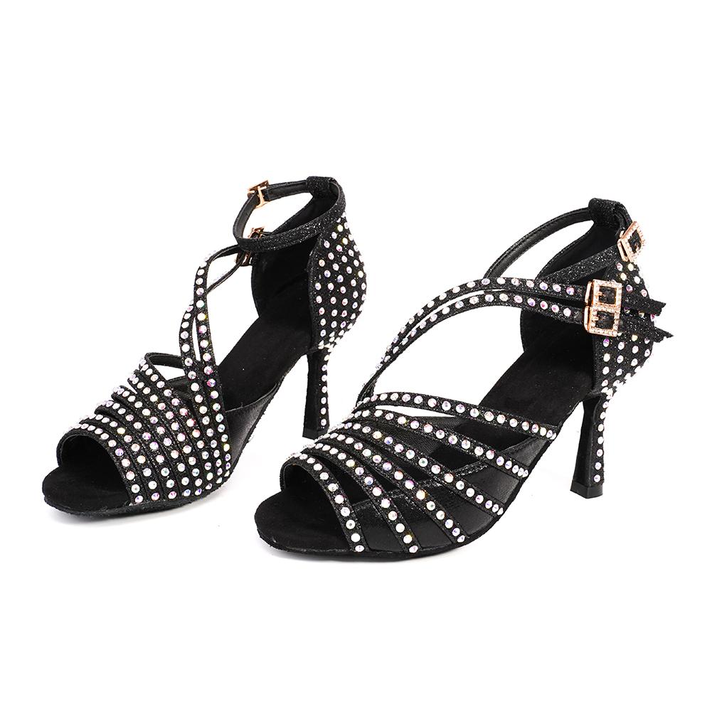 Women Latin Dance Shoes Shining Rhinestone Dancing Shoes Flare Heel 9cm Narrow Foot Adjust Width