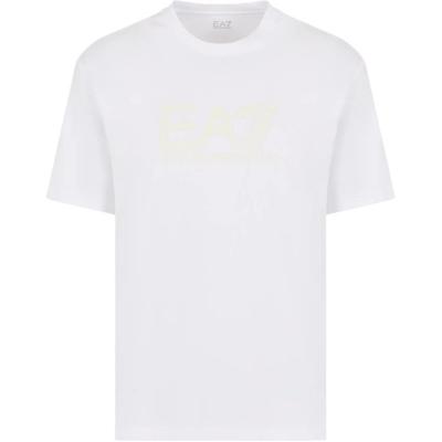 EA7 SS24 T-shirt z nadrukiem logo, z okrągłym dekoltem, z krótkim rękawem, męskie, topy, kremowo-biały, 6DPT81-PJVPZ-1100