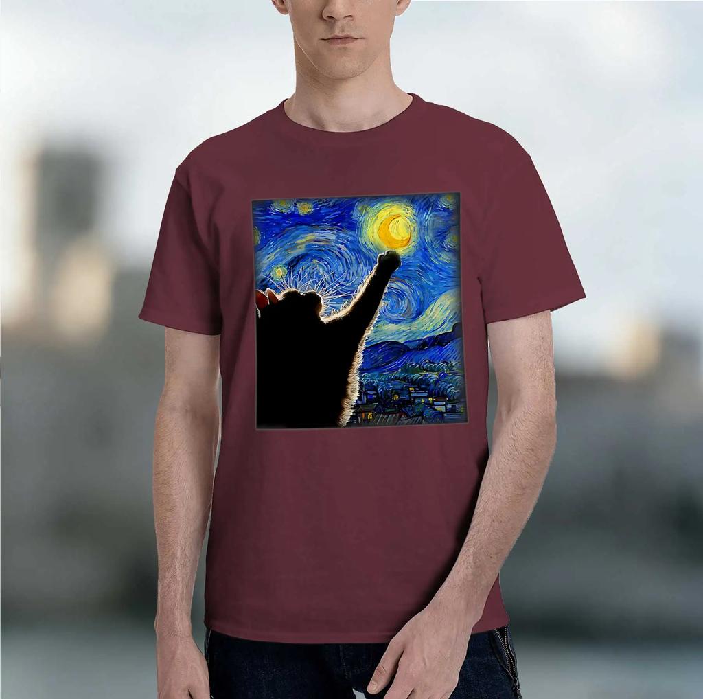 Starry Night Cat Van Gogh Cat 2026 New Fashion Heavyweight Hot Selling Retro Printed Pattern Fun Round Neck Tshirt For Daily C