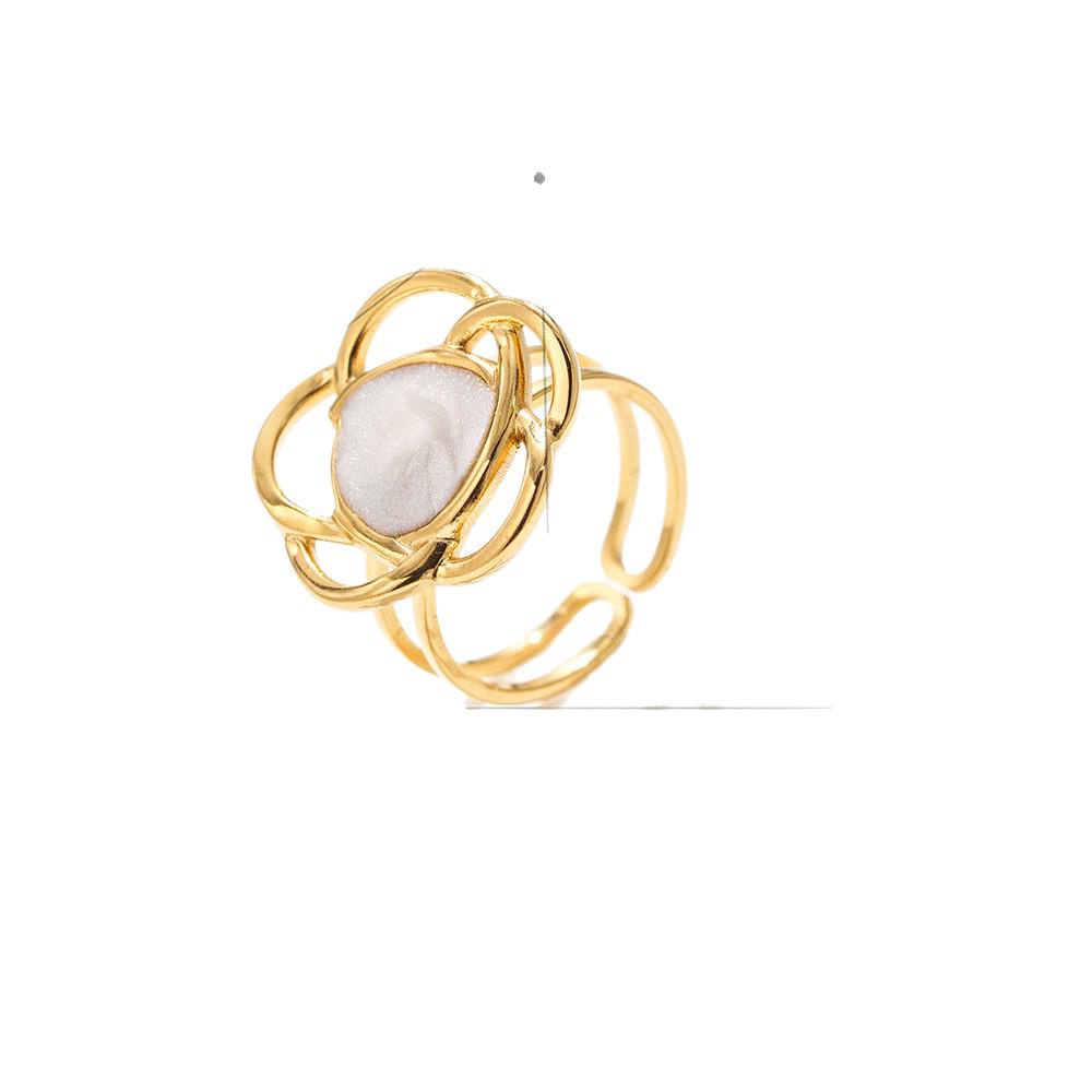 Women s Adjustable 18K Gold Stainless Steel Enamel Flower Ring - Personalized & Fade-Resistant Gold with White Enamel Flower